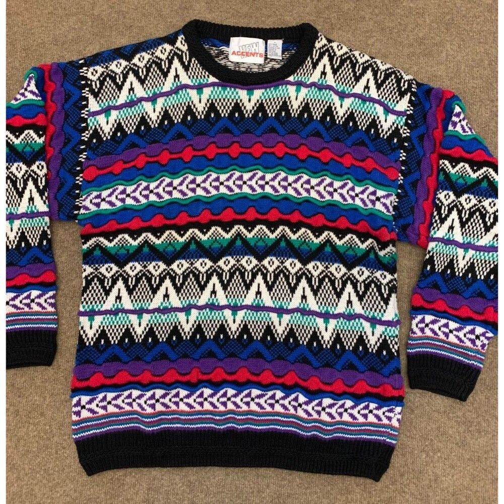 Vintage 80s Sweater Mens M Long Sleeve Crew Textured Ramie Cotton Knit